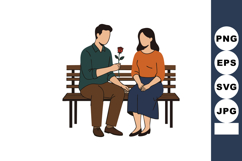 Couple Sitting on Bench Man Giving Woman Red Rose Romantic G Product Image 1