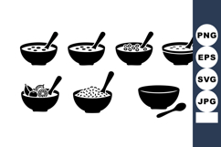 Black silhouette cereal bowls with spoons and various food t Product Image 1