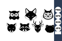Black and white stylized animal faces including owl fox cat Product Image 1