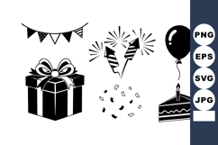 Birthday celebration icons with gift box cake balloon firewo Product Image 1