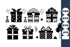 Black silhouette gift boxes with ribbons stars balloons and Product Image 1