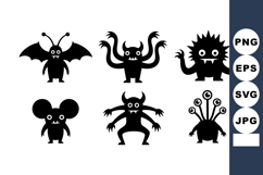 Cute black silhouettes of funny cartoon monsters with variou Product Image 1
