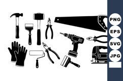 Construction tools hammer saw drill pliers paint roller glov Product Image 1