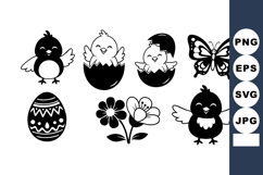 Cute Easter chicks hatching from eggs with decorated egg flo Product Image 1