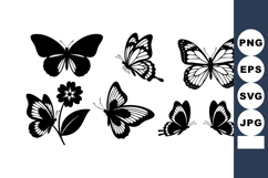 Butterfly silhouettes collection with floral element in blac Product Image 1