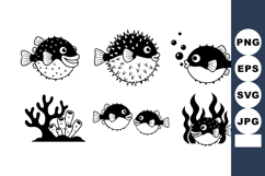 Pufferfish cartoon vector with underwater coral and seaweed Product Image 1
