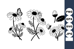 Chamomile flowers with butterfly and ladybug black and white Product Image 1