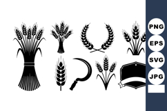 Wheat and barley icons with sickle and emblem in black silho Product Image 1