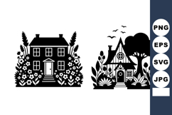 Two black silhouette houses with garden flowers trees and bi Product Image 1