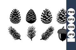 Pine cones acorn and fir tree branches vector black silhouet Product Image 1