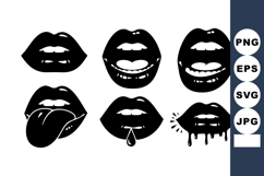 Black and white vector of six expressive lips with tongue a Product Image 1
