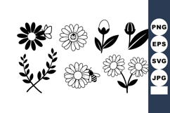 Black and white vector flowers with bee and butterfly simple Product Image 1