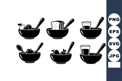 Breakfast food icons with bowl toast juice and spoon in blac Product Image 1