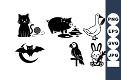 Black and white vector of six cute animals including cat pi Product Image 1