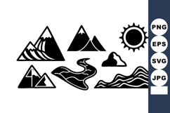 Mountain and nature landscape icons with sun and river vecto Product Image 1