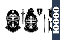 Medieval knight helmets with sword spear shield and banners Product Image 1