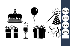 Birthday celebration icons including cake balloon gift champ Product Image 1