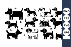 Various dog breeds silhouettes and paw prints in simple blac Product Image 1