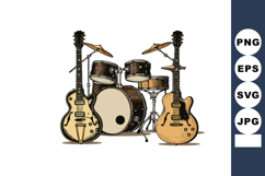 Vintage electric guitars and drum set with cymbals detailed Product Image 1