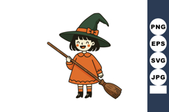 Cute little witch girl holding broomstick wearing green hat Product Image 1
