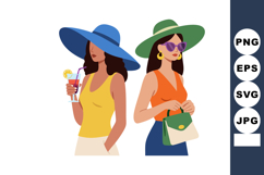 Two stylish women in wide-brimmed hats holding drink and han Product Image 1