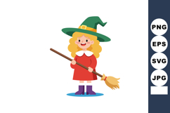 Little girl witch with green hat and broomstick happy smilin Product Image 1