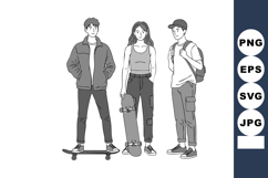 Teenagers standing with skateboards and backpacks in casual Product Image 1
