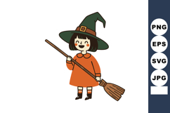 Cute little witch girl holding broomstick in green hat and o Product Image 1