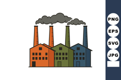 Industrial factory buildings with colorful chimneys emitting Product Image 1