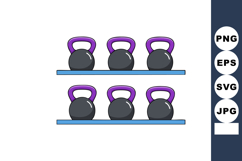 Kettlebells with purple handles arranged on blue shelves for Product Image 1
