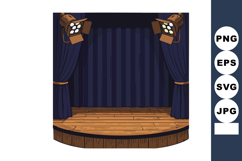 Theater stage with blue curtains and wooden floor under warm Product Image 1