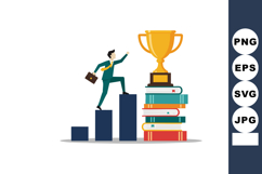 Businessman climbing bar chart toward trophy on stack of boo Product Image 1