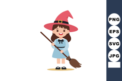 Little girl witch with broomstick wearing pink hat and blue Product Image 1