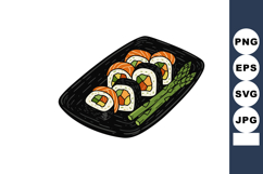 Sushi rolls with asparagus on black plate hand drawn vector Product Image 1
