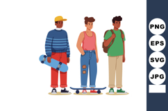Diverse teenage boys standing with skateboard and casual clo Product Image 1
