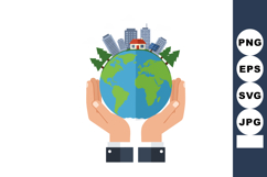 Earth globe with city buildings, house, and trees held by ha Product Image 1