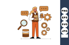 Woman holding AI book and smartphone surrounded by gears dat Product Image 1