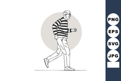 Elderly man walking in striped sweater and casual pants simp Product Image 1
