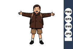 Happy boy with brown coat and backpack standing with arms wi Product Image 1