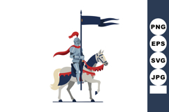 Medieval knight in full armor riding white horse with blue a Product Image 1