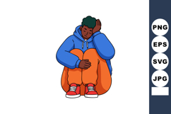 Young man sitting with head resting on hand wearing blue hoo Product Image 1