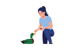 A young woman feeding a colorful duck while smiling in a fla Product Image 1