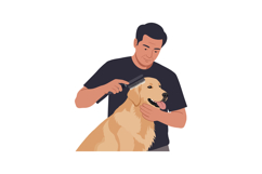 A man grooming a golden retriever with a comb in a flat vect Product Image 1