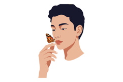 Young man gently interacting with a butterfly in a flat, min Product Image 1
