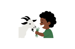 A joyful child feeding a friendly goat in a flat and colorfu Product Image 1