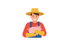 Farmer holding a pink pig wearing yellow gloves in a cheerfu Product Image 1