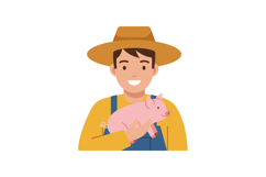 Farmer holding a pink pig in a yellow shirt with a straw hat Product Image 1