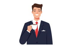 A smiling businessman in a suit holding a steaming coffee cu Product Image 1
