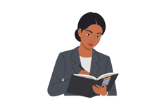 Professional woman in a grey suit thoughtfully writing in a Product Image 1