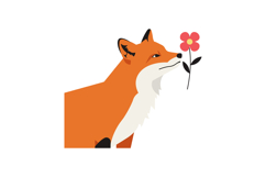 A curious fox sniffing a vibrant pink flower in a flat vecto Product Image 1